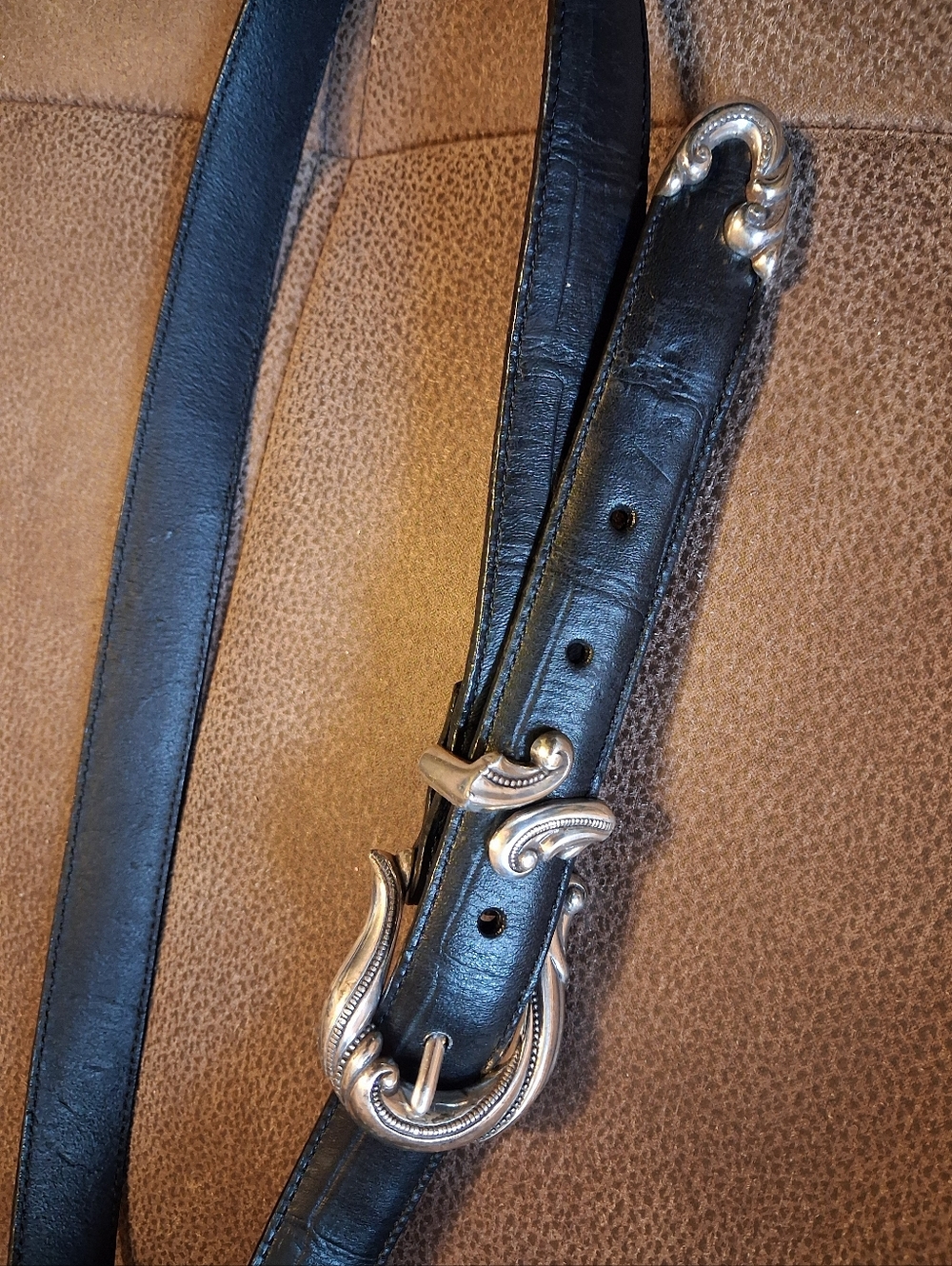 Black Leather Women's Belt with Silver Buckle Fits 32-36 Inche Waists
